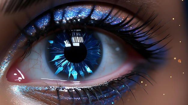 er is een close-up van een blauw oog met glitters erop Generatieve AI