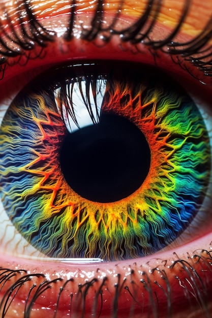 Er is een close-up van een kleurrijk oog met een zwarte generatieve ai in het midden