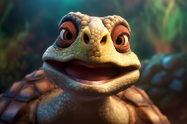 Er is een close-up van een lachende schildpad met een grote glimlach generatieve ai