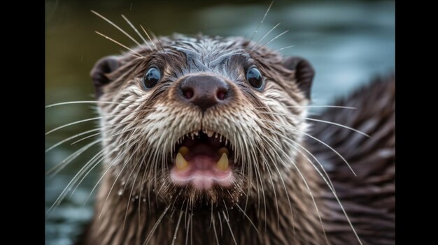Er is een close-up van een natte otter met zijn mond open generatieve ai