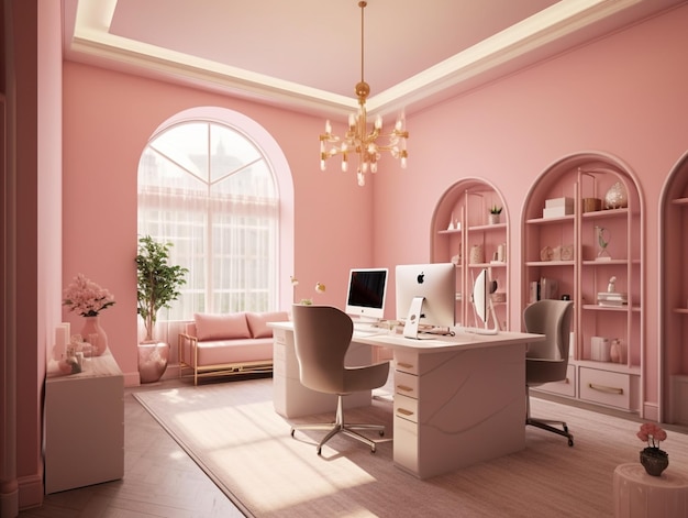 Er is een computerbureau in een roze kamer met een generatieve ai bank