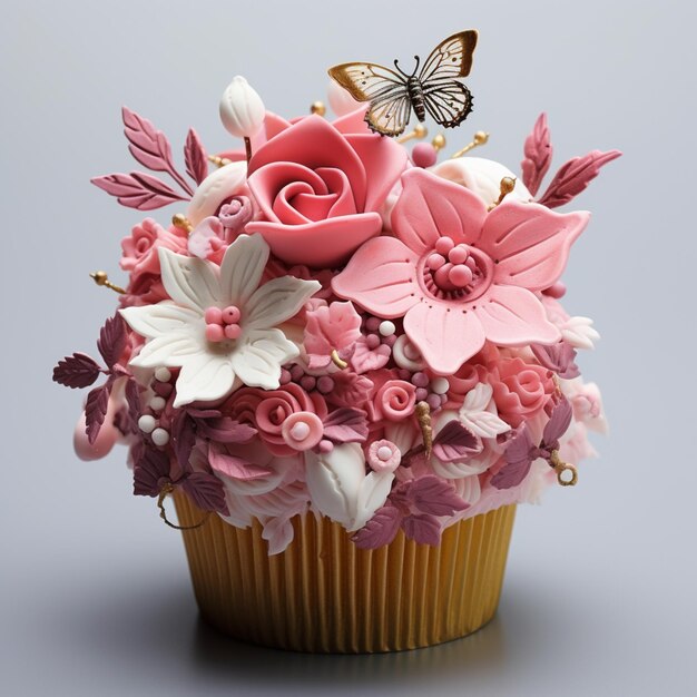 Er is een cupcake met een roze en witte bloemenarrangement op de top generatieve ai