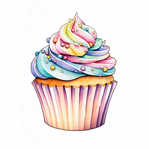 Foto er is een cupcake met regenboogglazuur bovenop generatieve ai