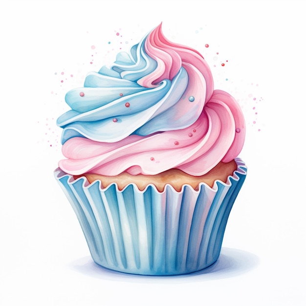 Er is een cupcake met roze en blauwe glazuur op de top generatieve ai