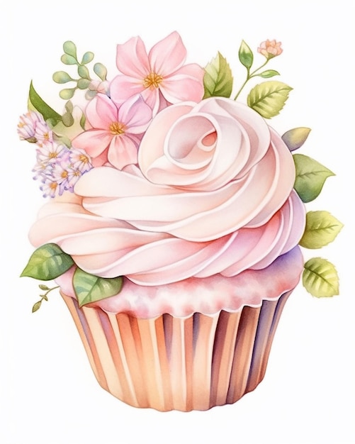 er is een cupcake met roze glazuur en bloemen bovenop generatieve ai