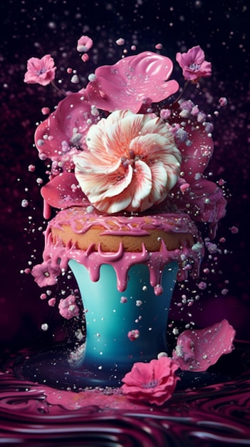 Er is een cupcake met roze glazuur en een bloem bovenop generatieve ai