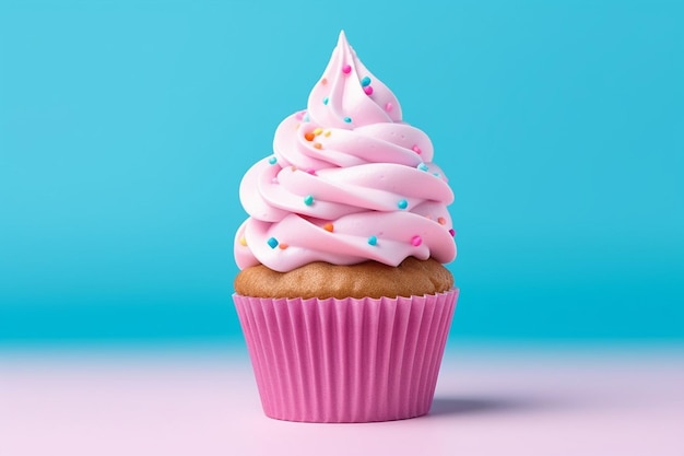 Er is een cupcake met roze glazuur en hagelslag erop generatieve ai