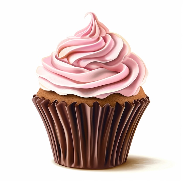 Er is een cupcake met roze glazuur erop.