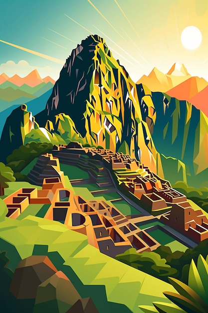 Foto er is een digitale illustratie van een berg met een piramide generatieve ai