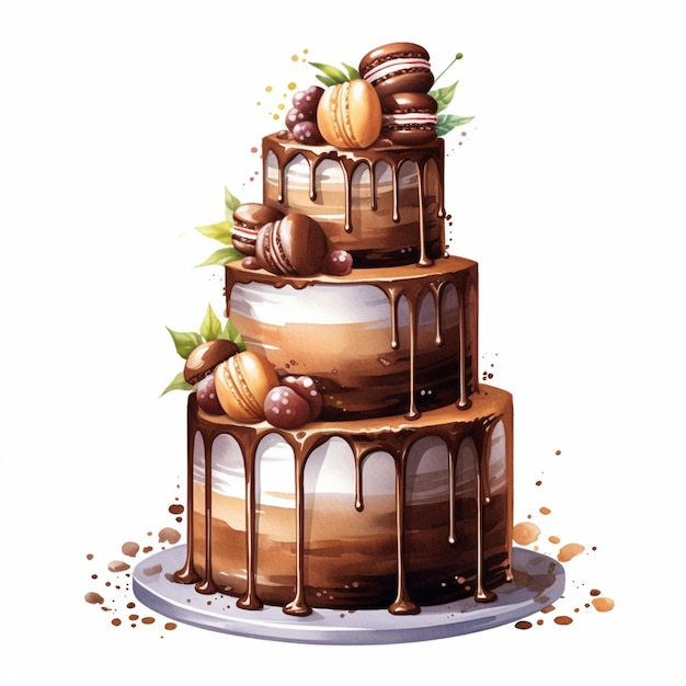 Er is een drielaagse cake met chocolade en noten bovenop generatieve ai
