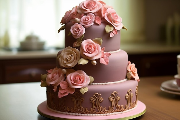 Er is een drielaagse cake met roze bloemen erop generatieve ai