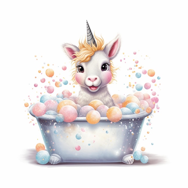 Er is een eenhoorn in een badkuip met bubbels en confetti generatieve ai