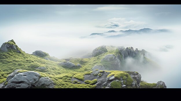 Foto er is een foto van een berg met een groen mosveld generatief ai