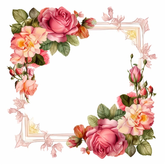 Er is een foto van een bloemen frame met roze rozen generatieve ai