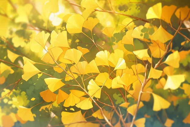 er is een foto van een boom met gele bladeren op de achtergrond generatieve ai