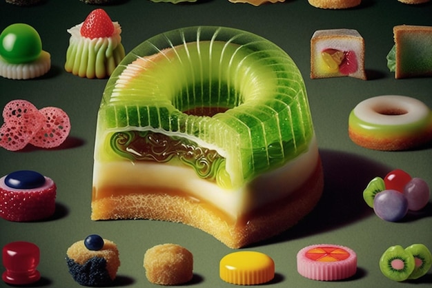 Er is een foto van een cake met een groene en witte achtergrond generatieve ai