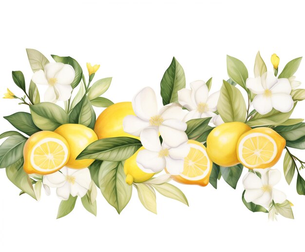 Foto er is een foto van een citroen en bloemen grens generatieve ai