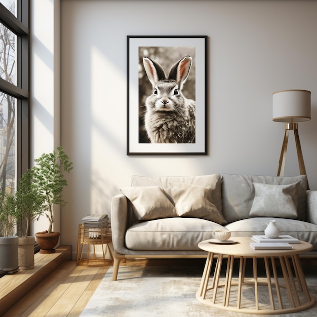 er is een foto van een konijn dat op een bank in een woonkamer zit generatieve ai