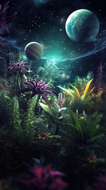 er is een foto van een ruimtescène met planeten en planten generatieve ai