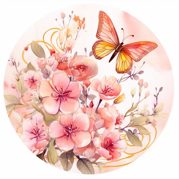 er is een foto van een schilderij van een vlinder en bloemen generatieve ai