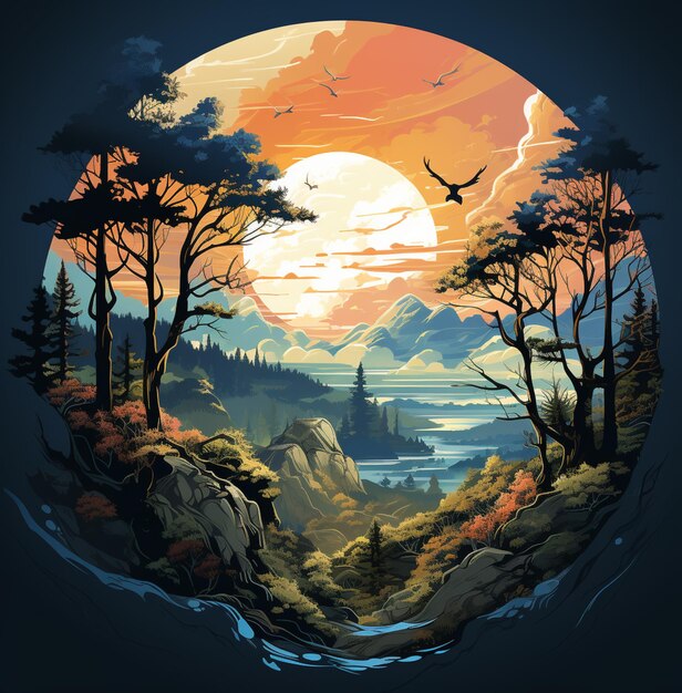 Er is een foto van een schilderij van een zonsondergang in het bos generatieve ai