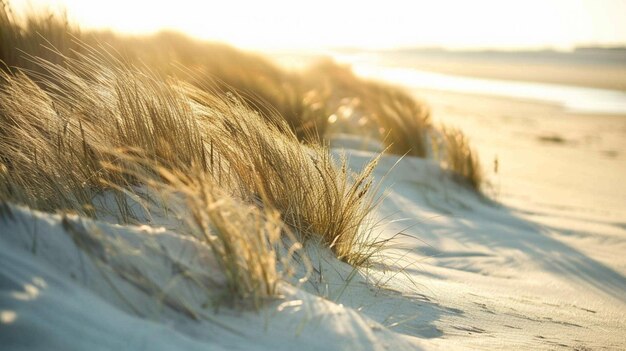 Er is een foto van een strand met wat gras erop.