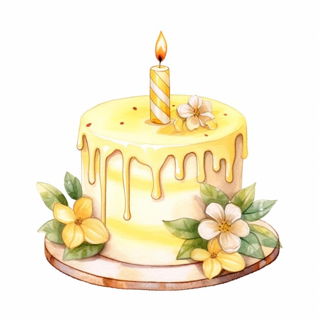 Er is een gele taart met een kaars en bloemen erop.