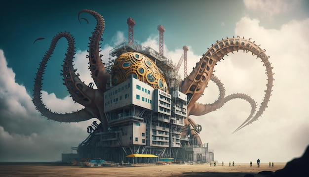 er is een gigantische octopus die voor een generatief ai gebouw staat