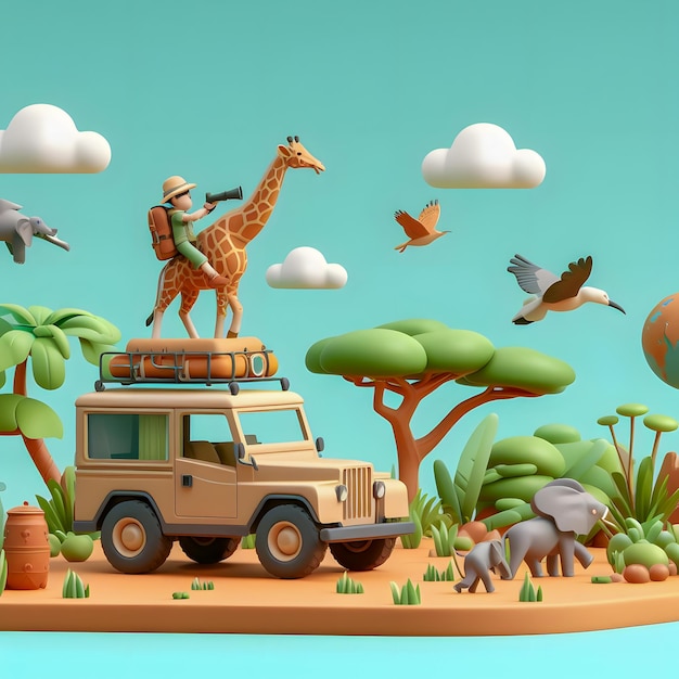 Er is een giraf en een jeep met een safari voertuig Generatieve AI