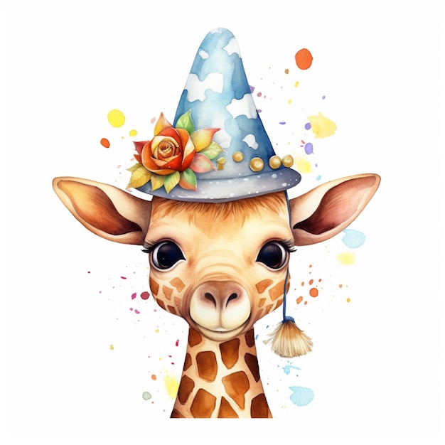 er is een giraffe met een feestmuts met bloemen erop generatieve ai