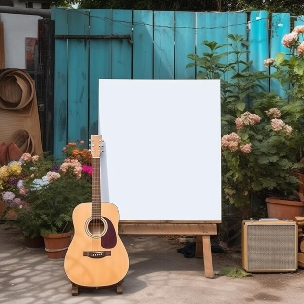 Foto er is een gitaar en een schildersezel voor een blauw hek generatieve ai