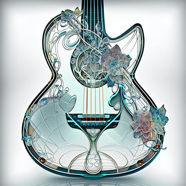 Er is een gitaar met een glazen lichaam en een bloemen decoratie generatieve ai