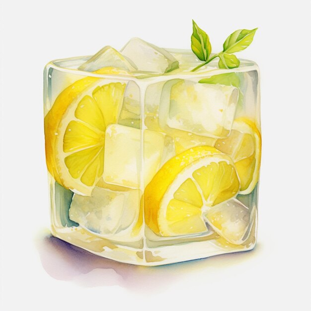 Er is een glas limonade met ijsblokjes en citroensnijden.