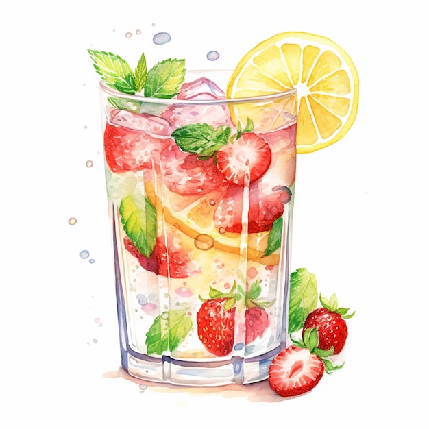 er is een glas water met een generatieve ai van aardbeien en een schijfje citroen