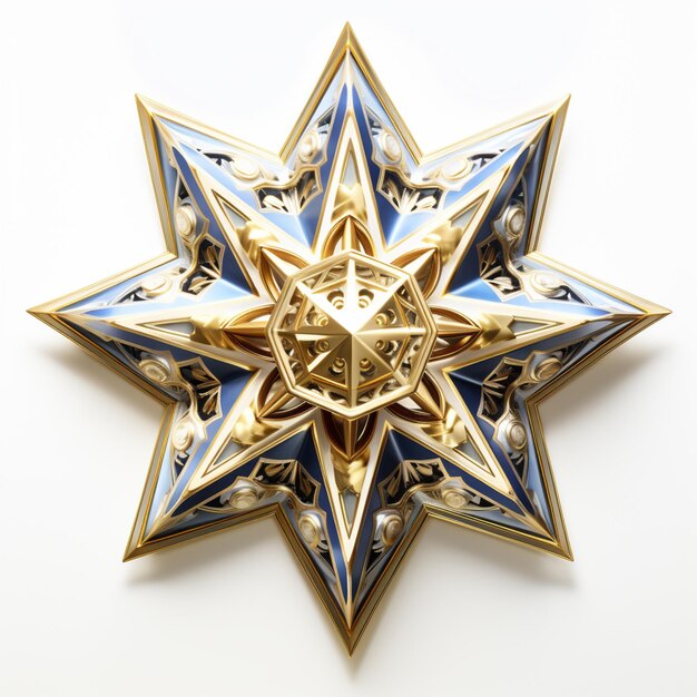 Er is een gouden en blauwe ster decoratie op een witte muur generatieve ai