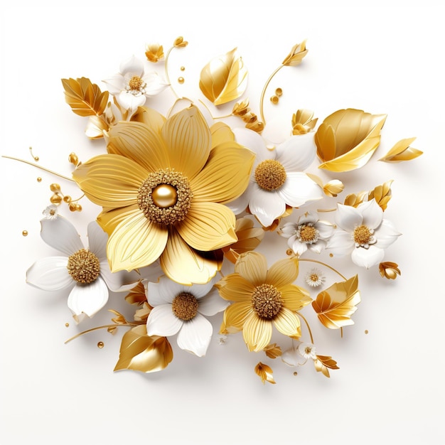 Foto er is een gouden en witte bloemenarrangement op een wit oppervlak generatief ai