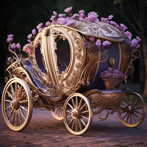 Er is een gouden wagen met paarse bloemen erop.