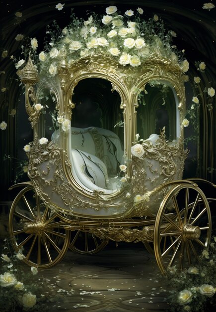 Er is een gouden wagen met witte bloemen en een spiegel generatieve ai
