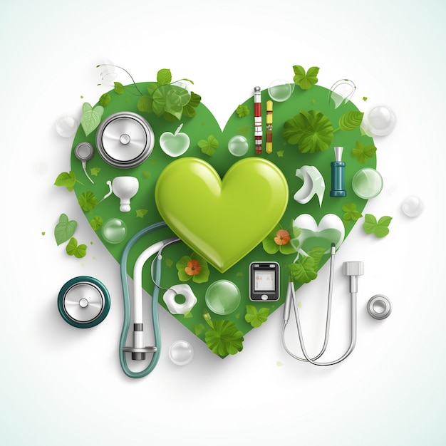 Er is een groen hart met een stethoscoop en andere medische apparatuur generatieve ai