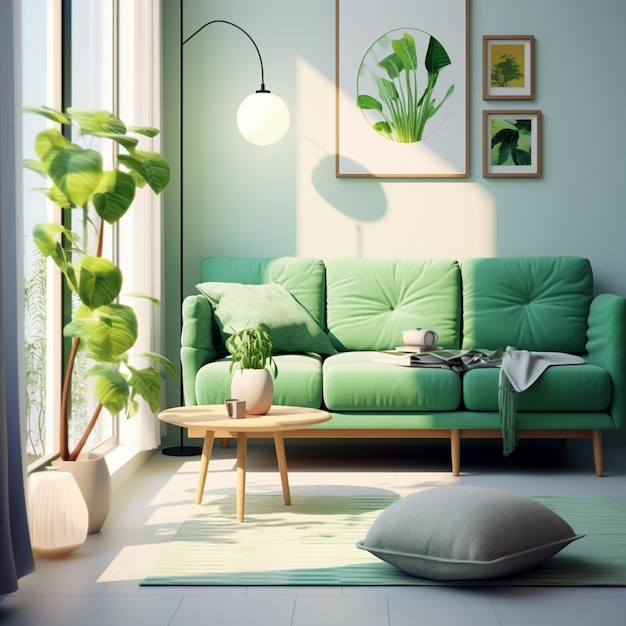 Er is een groene bank in een woonkamer met een plant generatieve ai