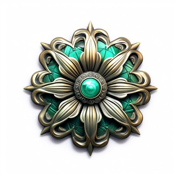 Er is een groene bloem broche met een gouden frame generatieve ai