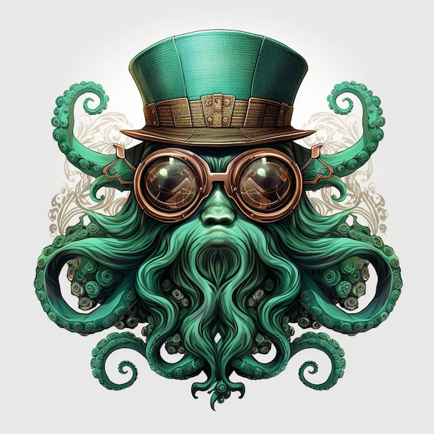 Er is een groene octopus met een hoed en een bril op generatieve ai