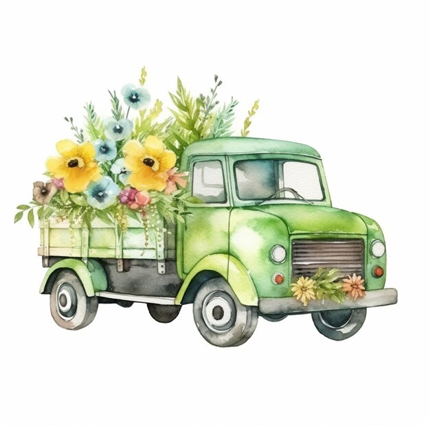 Foto er is een groene vrachtwagen met bloemen achterin generatieve ai