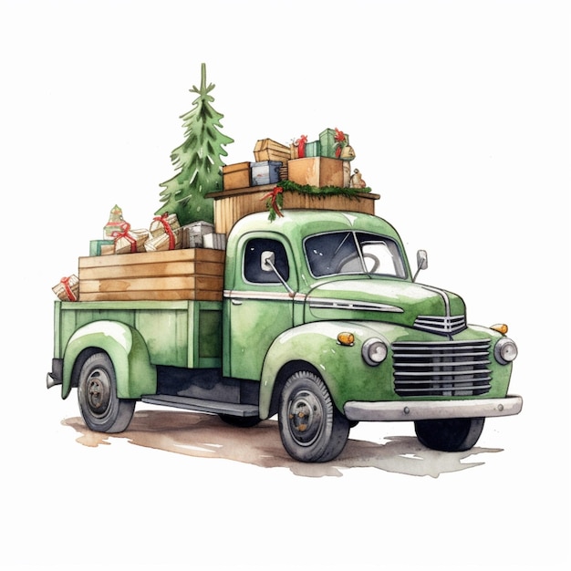 Er is een groene vrachtwagen met een kerstboom op de achterkant.