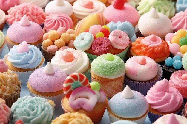Er is een groot aantal cupcakes te zien met verschillende kleuren.