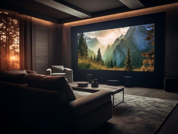 Er is een groot scherm in de woonkamer met een uitzicht op de bergen.