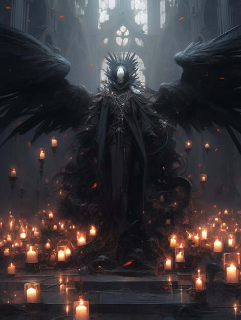 Er is een groot standbeeld van een man met vleugels omringd door kaarsen.
