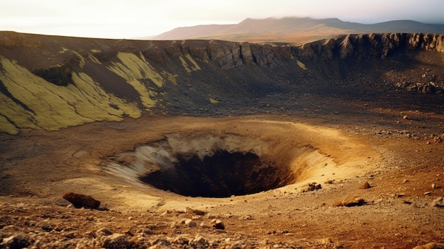 Foto er is een grote krater in het midden van een kaal gebied.