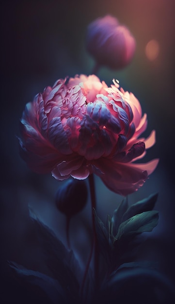 Er is een grote roze bloem die in het midden van een donkere achtergrond generatieve ai