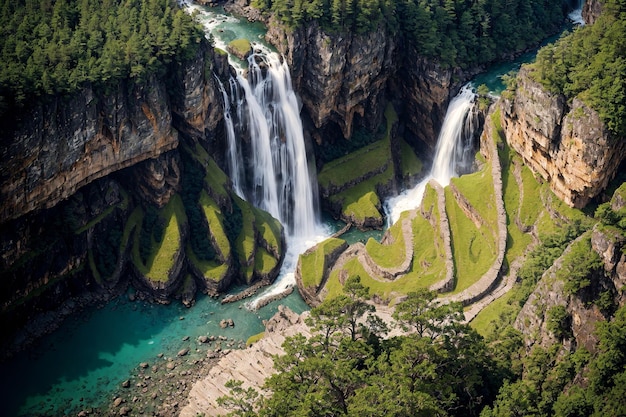 Er is een grote waterval die langs de zijkant van een berg stroomt.